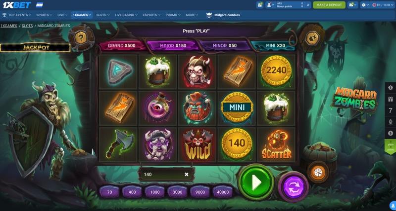 Midgard Zombies slot game on 1xBet showing jackpot reels with Grand x500 and Major x150 multipliers