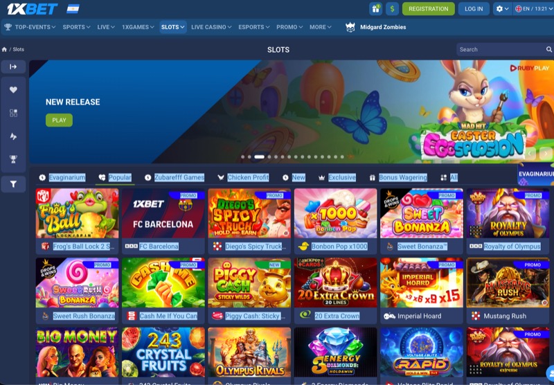 1xBet slots grid showing high-RTP games available in the casino lobby