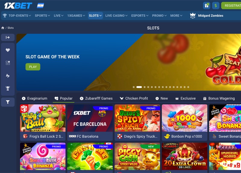 1xBet slots lobby showing the full game selection with RTP filters
