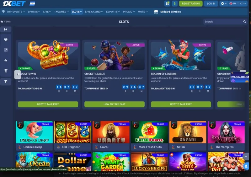 1xBet slots tournaments page showing current slot competitions and prizes